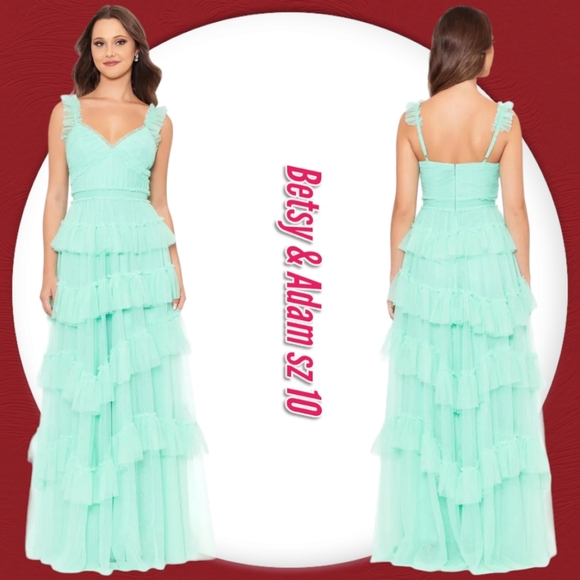 Betsy & Adam Sleeveless Sweetheart Neckline Ruffle Tier Mesh Maxi Prom Dress - Picture 1 of 10
